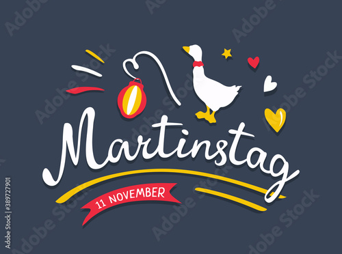 Martinstag fest or Saint Martin's day vintage greeting card with hand drawn calligraphic lettering, lantern, goose, red banner and hearts. Сelebrated on November 11 in Germany, France, Scandinavia.