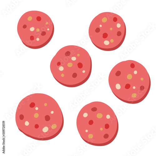 Piece of sausage. Kielbasa with fat. Polish pork delicacy and ingredient. Flat cartoon illustration. Meat food slice