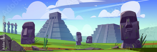 Ancient mayan pyramids and moai statues on Easter island. Vector cartoon landscape with south american landmarks, Chichen Itza and Kukulkan temples, stone sculpture on green grass photo