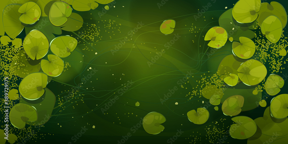 Swamp or lake top view with nenuphars or water lily pads. Natural background with deep marsh and lotus leaves, wild pond covered with duckweed and green waterlily plants, Cartoon vector illustration