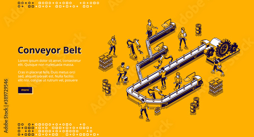 Conveyor belt at factory, plant or warehouse. Workshop production line with automated machinery. Vector landing page with isometric people and conveyor belt with drink bottles