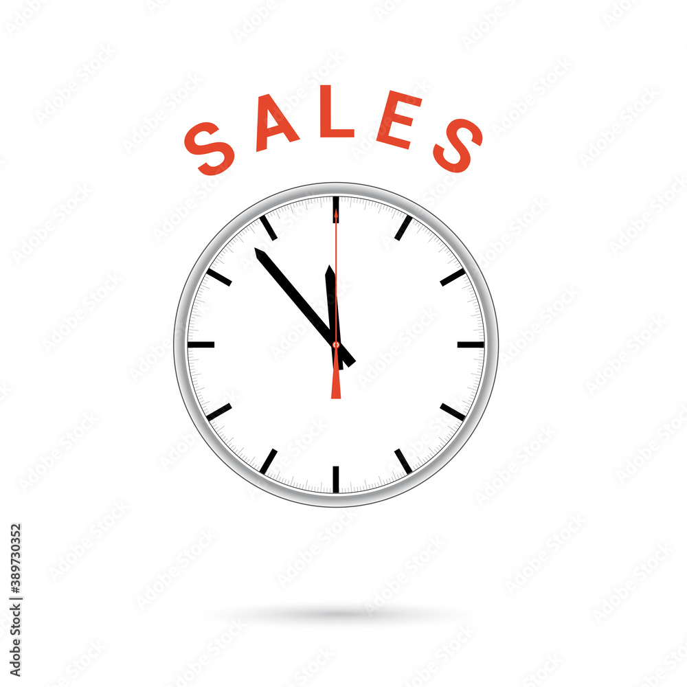 illustration of clock icon. Red arrow points to word SALES. Conceptual icon. illustration of clock icon. Red arrow points to word SALES. Conceptual icon.