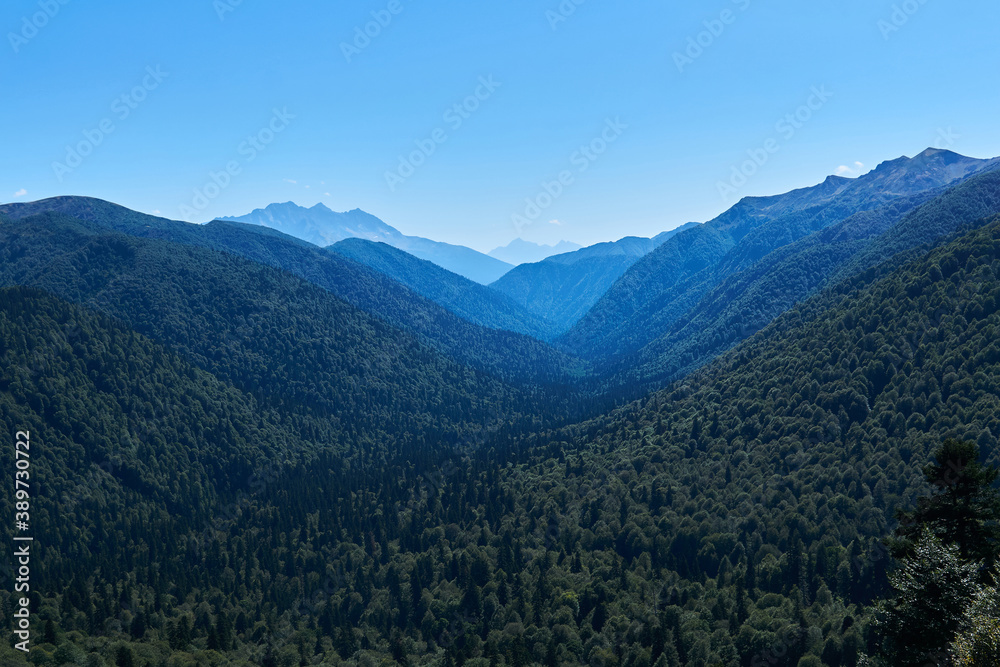 wide valley between wooded mountains stretches to the horizon