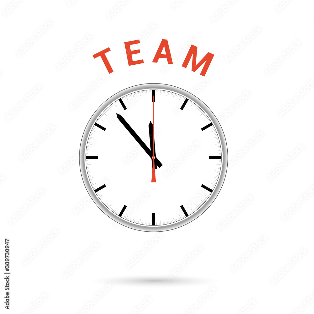 illustration of clock icon. Red arrow points to word TEAM. Conceptual icon. illustration of clock icon. Red arrow points to word TEAM. Conceptual icon.