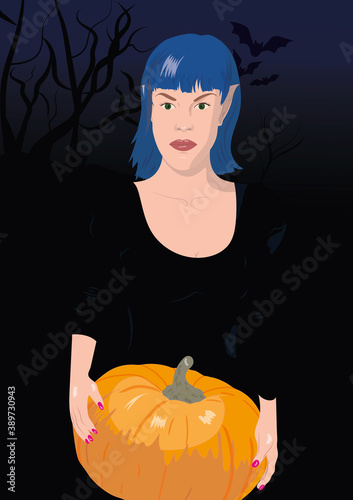 Halloween pumpkin. Witch woman holds a pumpkin in hand