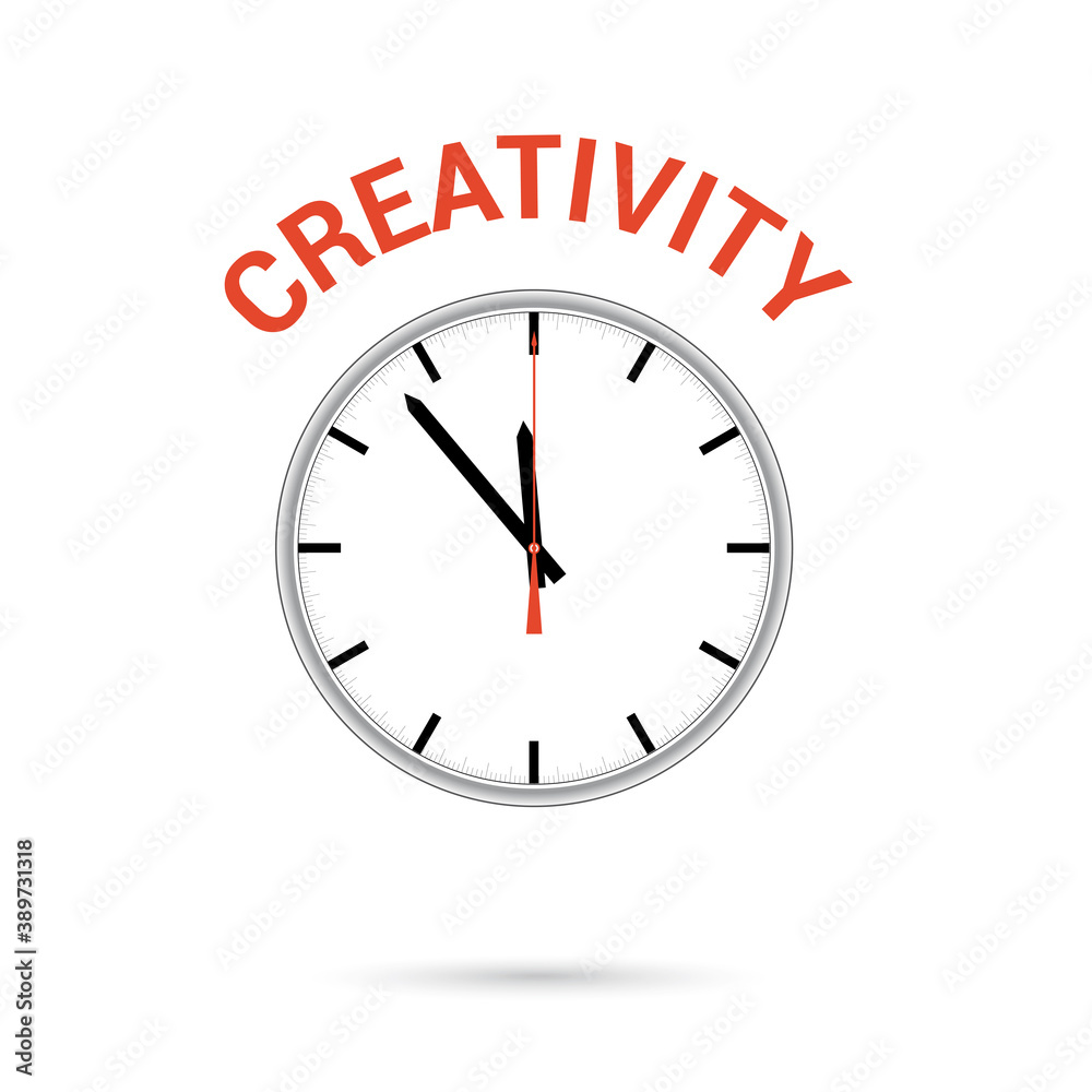 illustration of clock icon. Red arrow points to word CREATIVITY. Conceptual icon. illustration of clock icon. Red arrow points to word CREATIVITY. Conceptual icon.