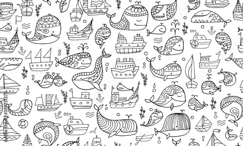 Whales and ships  seamless pattern for your design