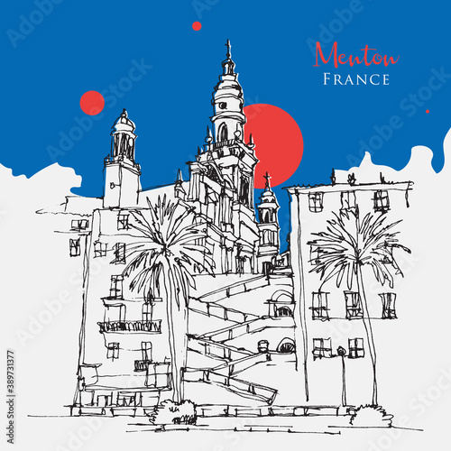 Drawing sketch illustration of Menton, a town in southeast France