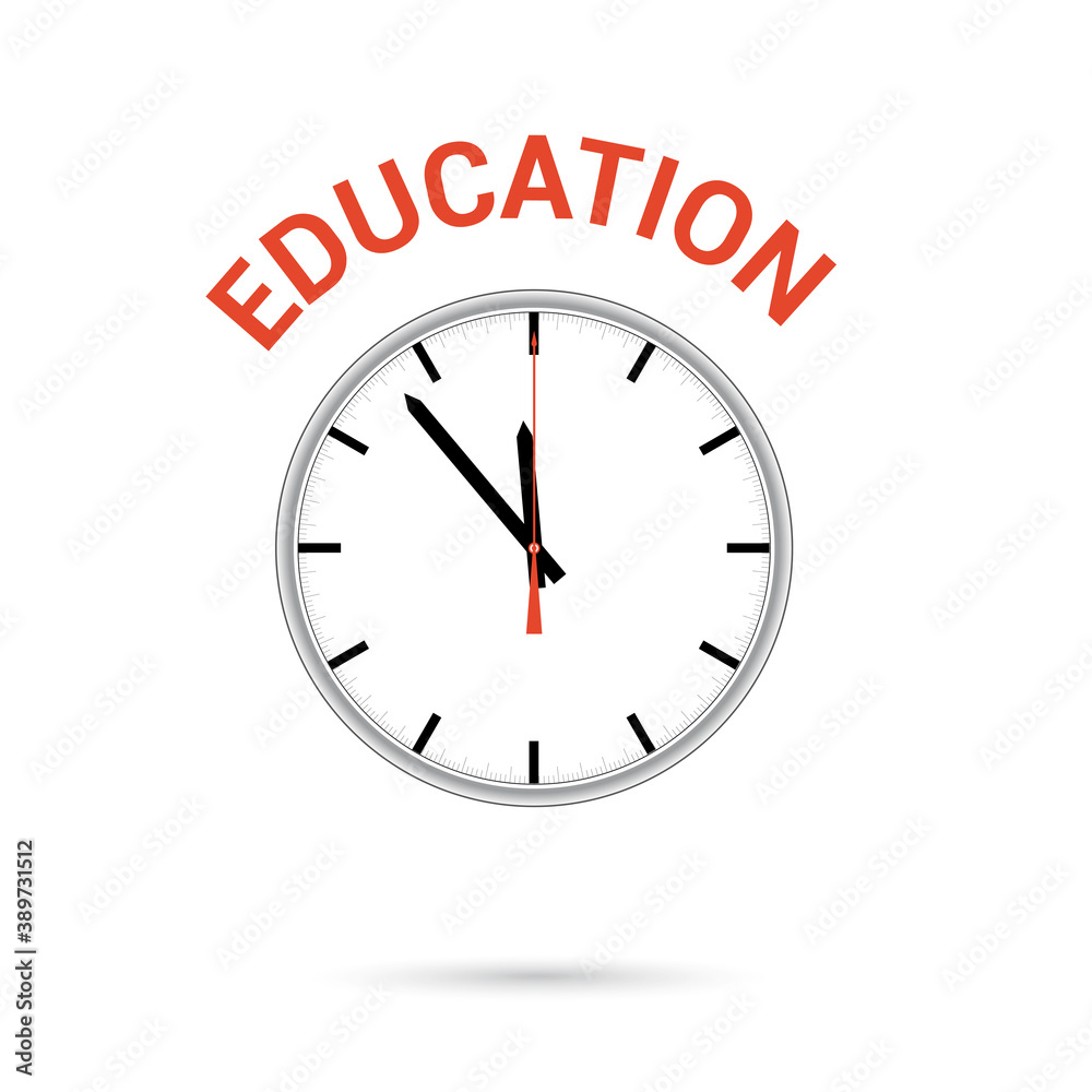 illustration of clock icon. Red arrow points to word EDUCATION. Conceptual icon. illustration of clock icon. Red arrow points to word EDUCATION. Conceptual icon.