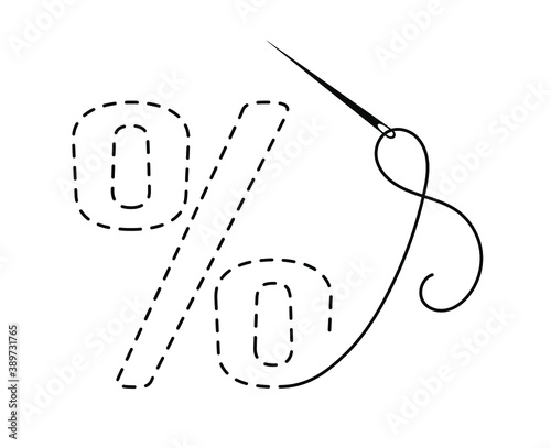 Silhouette of percent symbol with interrupted contour. Vector illustration of handmade work with embroidery thread and needle on white background for sales and discounts.