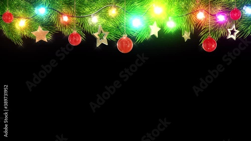Decorative Christmas Frame with Ornaments isolated with luma matte. 3d animation.