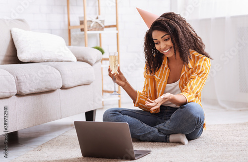 Sticker Black woman drinking wine during virtual online party