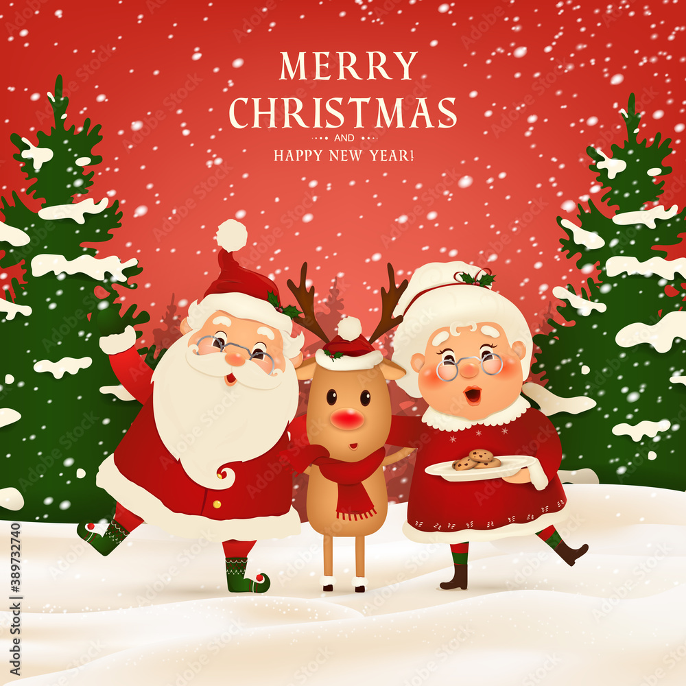 Merry Christmas. Happy new year. Funny Santa Claus with cute Mrs. Claus, red-nosed Reindeer in Christmas snow scene winter landscape. Mrs. Claus Together. Vector cartoon character of Santa Claus Merry Christmas. Happy new year. Funny Santa Claus with cute Mrs. Claus, red-nosed Reindeer in Christmas snow scene winter landscape. Mrs. Claus Together. Vector cartoon character of Santa Claus