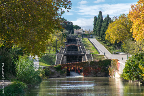 Looking up the Canal du Midi to the stages of the Fonserannes Locks outside Beziers, France
