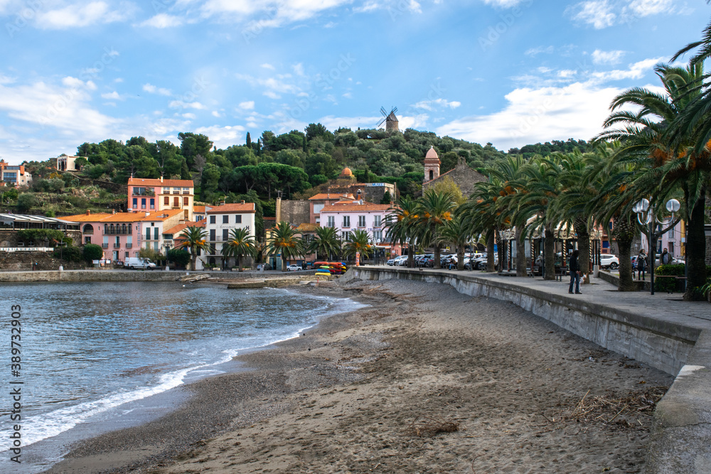 Beachfront of Collioure, a seaside town on the Mediterranean coast of southern France
