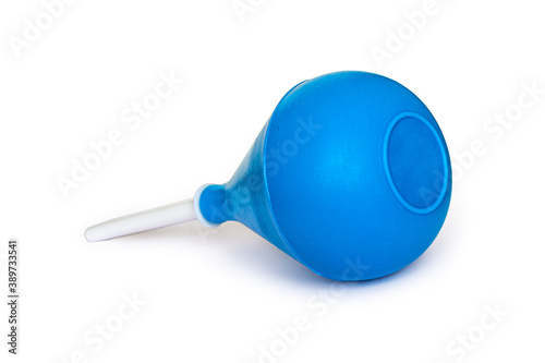 Blue rubber enema with a white, removable plastic tip