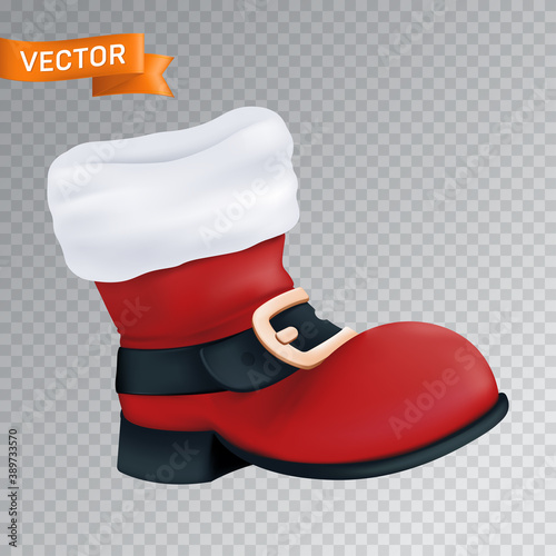 Red boot of Santa Claus with a white fur and a black belt with a golden buckle. Realistic vector illustration of an empty close up Christmas footwear isolated on a transparent background