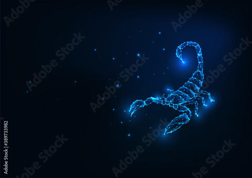 Futuristic glowing low polygonal scorpion isolated on dark blue background.