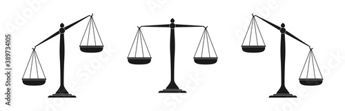 Scales icon set. Law scales in balance and imbalance. Vector illustration.