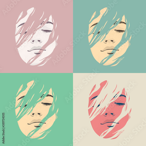 Pop Art woman face. Abstract female fashion portrait set