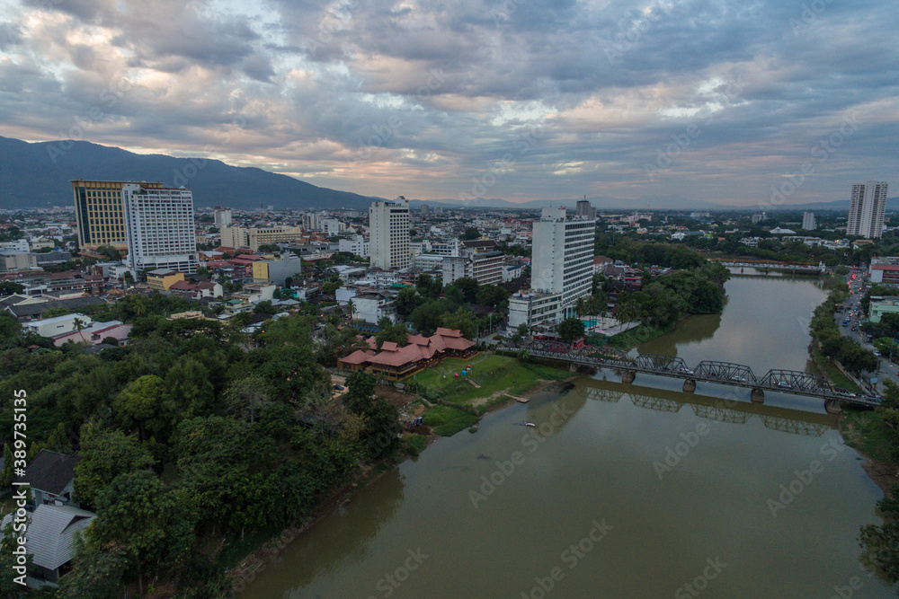 Chiang Mai City ping river in Thailand Aerial Drone Photo