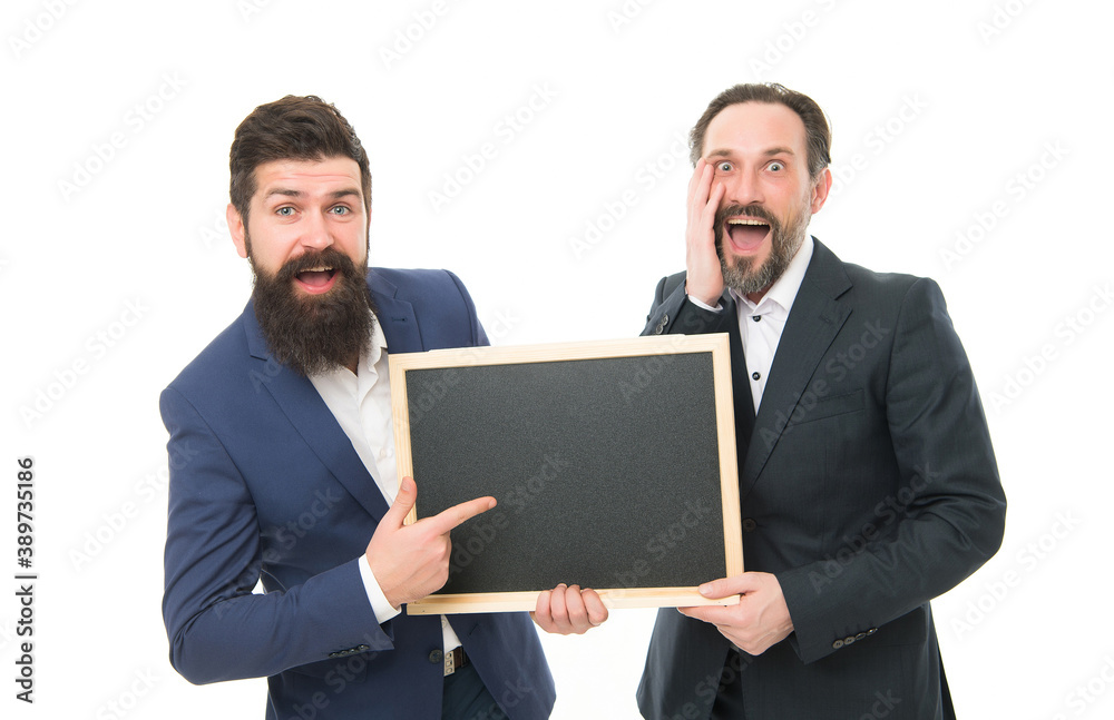 Business people concept. Men bearded guys wear formal suits. Well groomed business man hold chalkboard. Men successful entrepreneurs. Official presentation. Economic education. Business academy Business people concept. Men bearded guys wear formal suits. Well groomed business man hold chalkboard. Men successful entrepreneurs. Official presentation. Economic education. Business academy