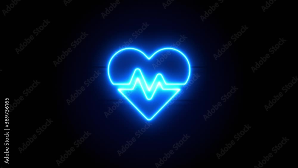 Heart Beat neon sign appear in center and disappear after some time. Animated blue neon symbol on black background. Looped animation. Heart Beat neon sign appear in center and disappear after some time. Animated blue neon symbol on black background. Looped animation.