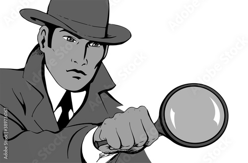 Male detective investigating with a magnifying glass. Looking for evidence. Dressed in a retro raincoat and hat. Place for text. Vector monochrome illustration in pop art style on a white background.
