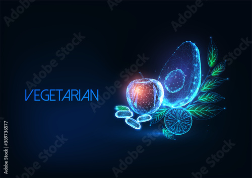 Futuristic vegetarian or vegan diet concept with glowing low polygonal fruits and vegetables.