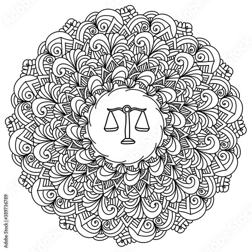 Outline zen mandala with zodiac sign libra in the center, doodle antistress coloring page with curls and waves