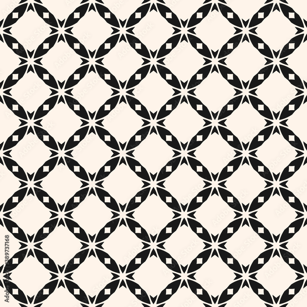 Vector abstract monochrome seamless pattern with carved grid, lattice, crosses, diamond shapes, squares, floral silhouettes. Black and white geometric texture. Elegant background. Repeatable design Vector abstract monochrome seamless pattern with carved grid, lattice, crosses, diamond shapes, squares, floral silhouettes. Black and white geometric texture. Elegant background. Repeatable design