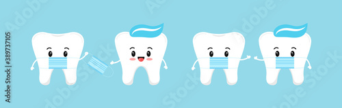 Tooth with medical mask give protective virus mask to tooth with paste on head and he wear it on himself. Flat design cartoon concept of dental character vector illustration for dentist prevention.