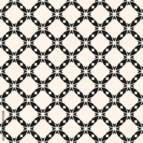 Vector abstract monochrome seamless pattern with carved grid  lattice  crosses  diamond shapes  squares  floral silhouettes. Black and white geometric texture. Elegant background. Repeatable design
