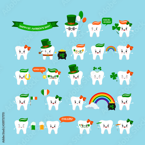 St Patrick cute teeth icon set isolated. Dental tooth character with irish photo booth props - pot, rainbow, horseshoe, beer, clover, pipe, hat, shamrock. Flat design cartoon vector kids illustration.