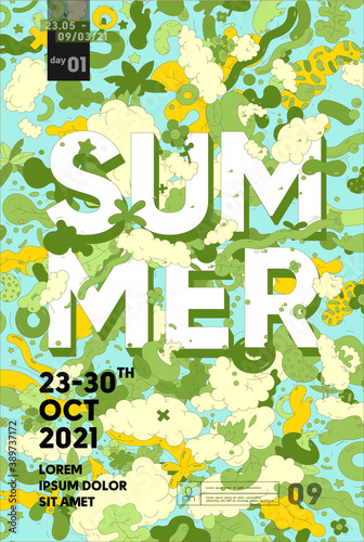 Vector illustration. Poster, Summer. Abstract summer background, leaves and abstract objects fly randomly in the background.