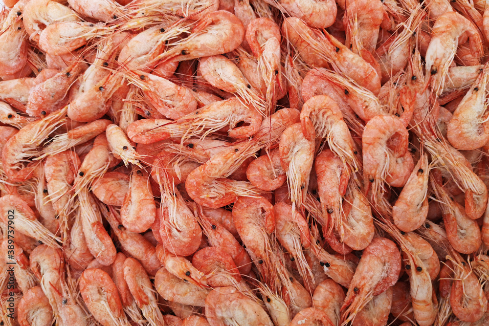 Shrimps. The fish market. Shrimps background texture. A lot of sea shrimp