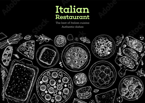 Italian Cuisine Menu. Top view. Sketch illustration. Italian food. Design template. Hand drawn illustration. Black and white. Engraved style. Pasta and pizza, antipasto. Authentic dishes.