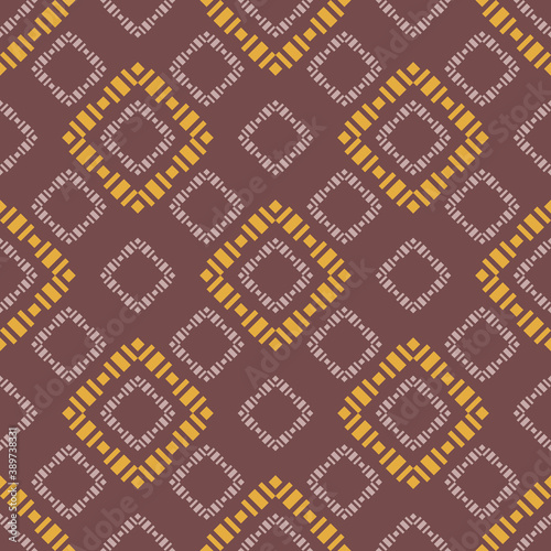 Geometric square texture. Abstract vector seamless pattern with small rhombuses, diamonds, squares. Elegant geo background. Brown and yellow colored ornament. Repeat design for decor, fabric, wrapping