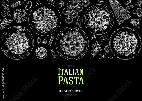 Italian Pasta frame. Hand drawn vector illustration. Italian Pasta top view. Food design template. Farfalle, Penne and Spaghetti illustration. Classic italian cuisine. Engraved style. NEW 2020