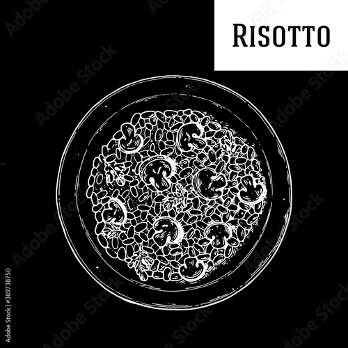 Italian risotto hand drawn vector illustration. Risotto top view. Packaging design template. Sketch illustration.