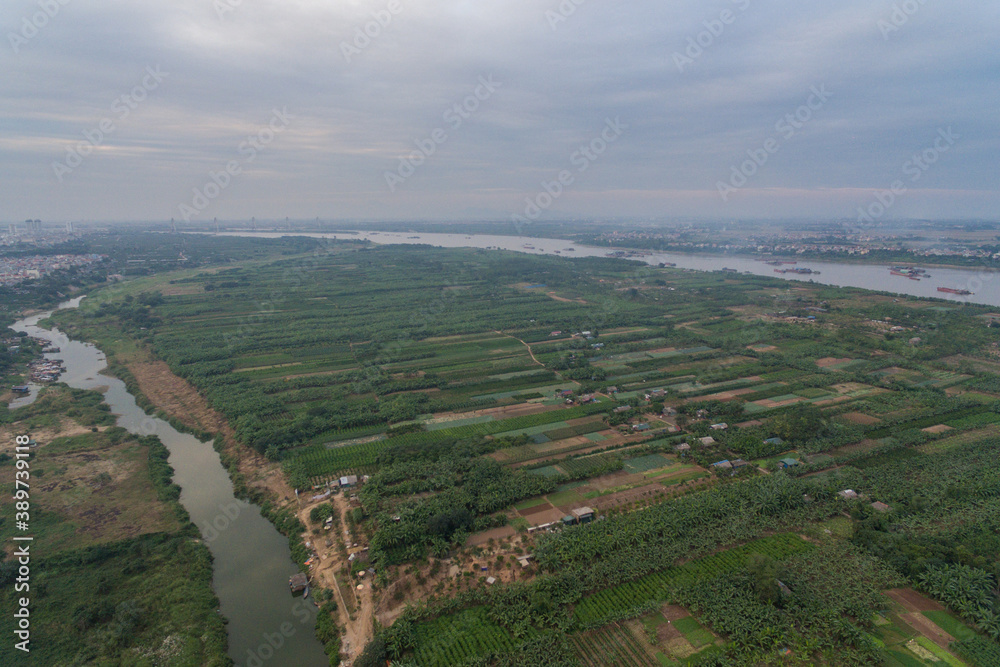 Hanoi fields on Red River Delta in Vietnam Aerial Drone Photo
