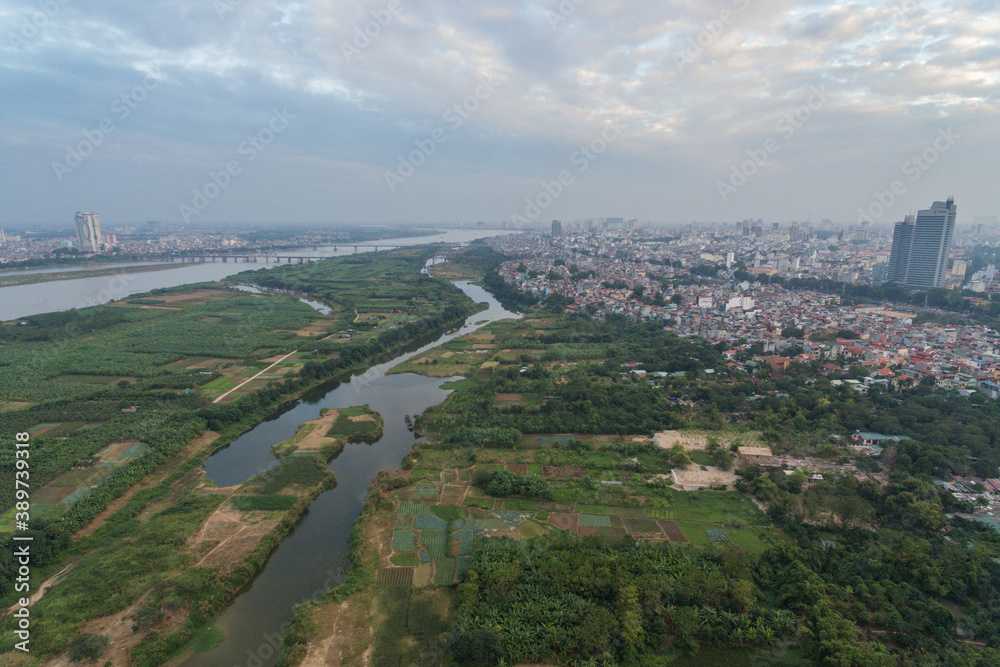 Hanoi City on Red River Delta in Vietnam Aerial Drone Photo