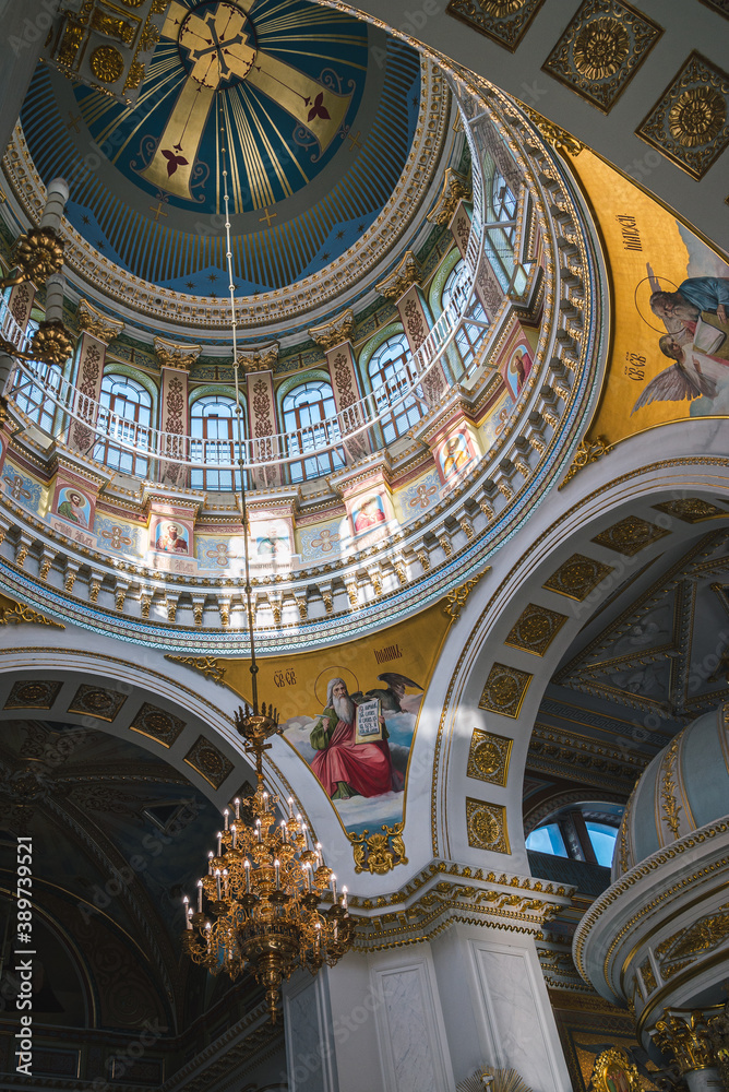 ODESSA, UKRAINE - OCTOBER 10, 2020: Interior of the Transfiguration Cathedral in Odessa, autumn.