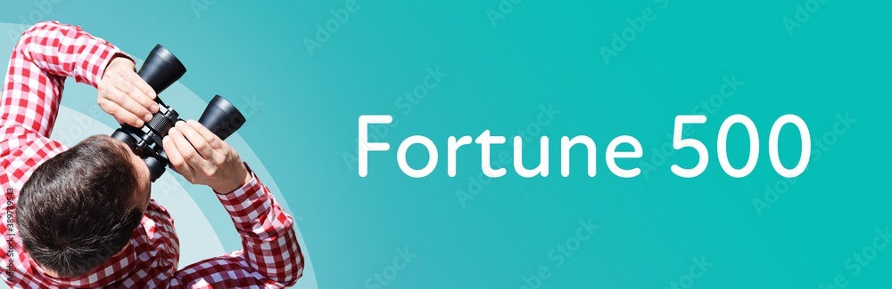 Naklejka premium Fortune 500. Man observing with binoculars. Focus on text/word. Panorama format. Blue/turquoise background.