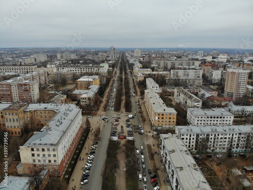 Aerial view of Oktyabrsky avenue in autumn (Kirov, Russia).