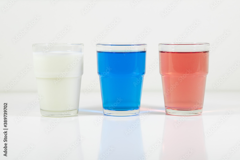 Glasses of lemonade in colors representing flag of Russia. It is a photo in a series of similar photos perfect to use in a quiz.
