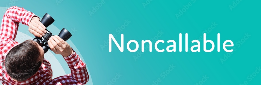 Fototapeta premium Noncallable. Man observing with binoculars. Focus on text/word. Panorama format. Blue/turquoise background.