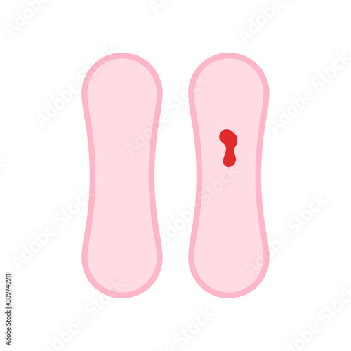 Daily sanitary pad with pathology or menstruation blood and clean icon set isolated on white background. Female blood flow loss on napkin. Flat design vector feminine hygiene concept illustration.