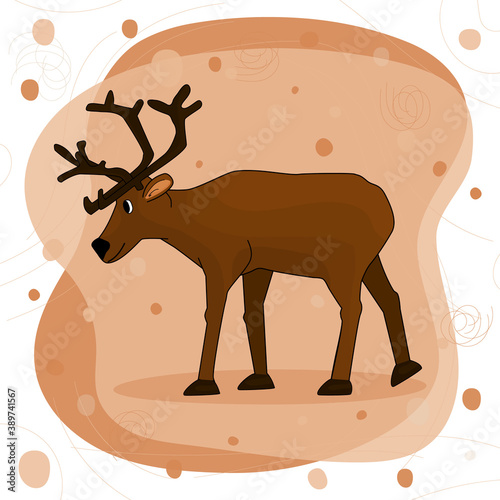 Cute hand drawn cartoon deer with antlers or caribou on brown background