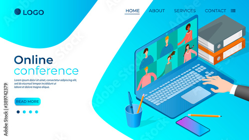 Online conference.People communicate with each other over an Internet connection.The concept of an online conference of Remote work and online talks.Isometric vector illustration